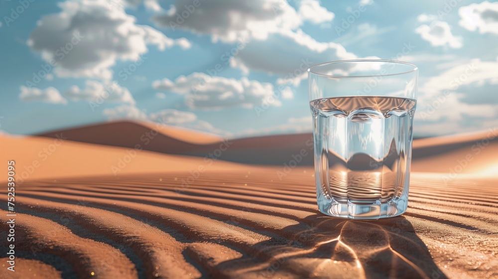 Szklanka wody stojąca na szczycie pustyni, z rzeczywistym cieniem rzucanym na wydmy. - obrazy, fototapety, plakaty 