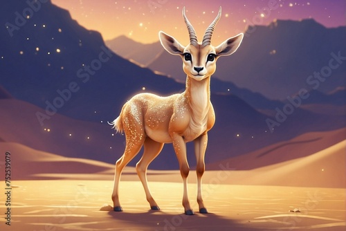 Cute little dorcas gazelle in the desert: Golden aura.