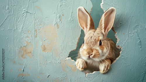 A playful rabbit seems to come to life as it emerges from a cracked turquoise wall
