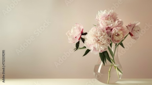 a vase filled with exquisite peony flowers, resting gracefully on a table with abundant empty space, perfect for adding meaningful text or messages.