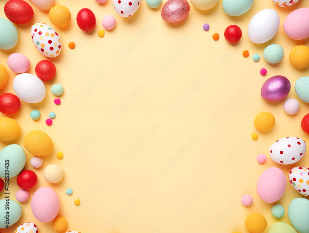 Easter frame. Yellow pastel background. Easter colorful eggs. Concept of Happy Easter. Top view with copy space