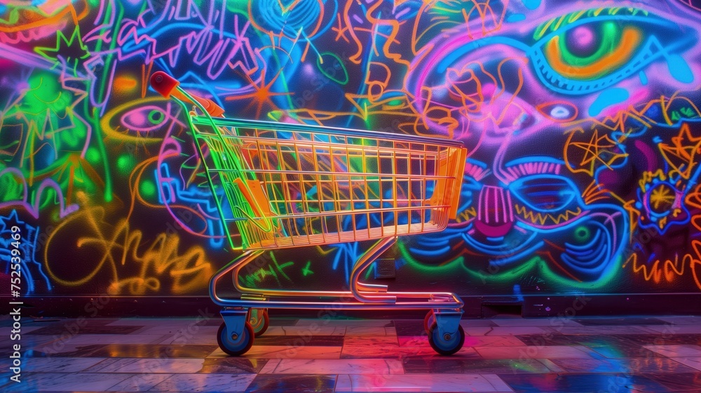Wózek sklepowy przed kolorowym muralem z fluorescencyjnym graffiti, oświetlony neonowymi światłami.  - obrazy, fototapety, plakaty 