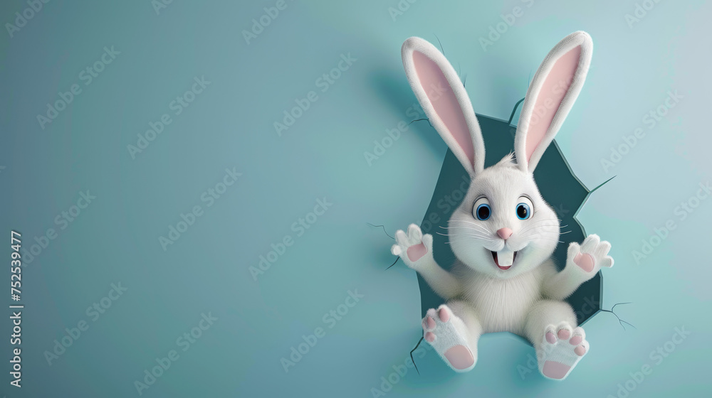 An amazed white rabbit with a look of wonder on its face is seen bursting through a blue wall