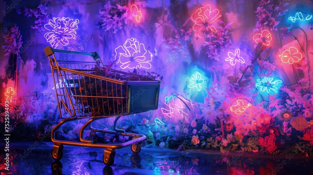 Koszyk na zakupy przed kolorowym murem z fluorescencyjnymi kwiatami - obrazy, fototapety, plakaty 
