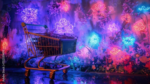 Koszyk na zakupy przed kolorowym murem z fluorescencyjnymi kwiatami photo
