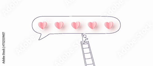 Social media marketing with pink 3d paper hearts. Cartoon man giving likes to trend content. Customer response or feedback concept. Vector love postcard for Happy Mother's, Valentine's Day