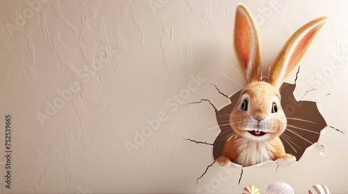 A brown rabbit with large ears emerges from a crack in a beige wall surrounded by Easter eggs