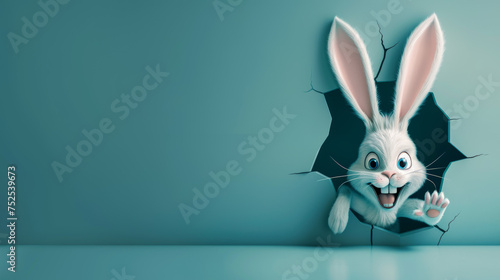 A startled white rabbit with wide eyes bursts out of a hexagonal black opening, looking animated photo