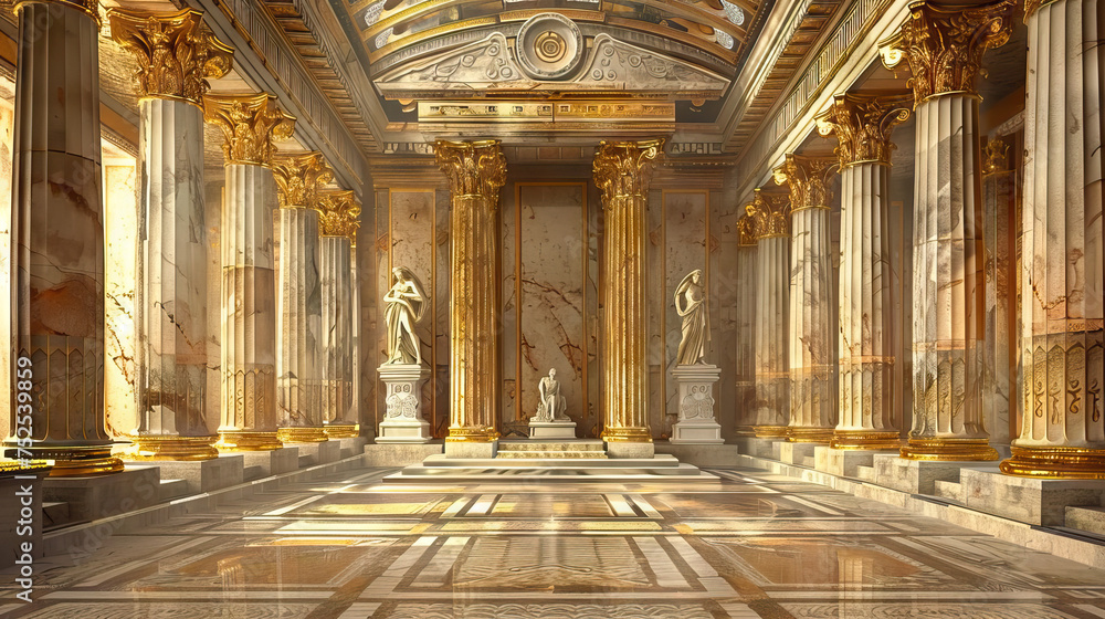 Grecian Temple Stage: Ancient Greece with this majestic stage, adorned with marble columns, ornate friezes, and statues of gods and goddesses, evoking the grandeur of a classical temple - obrazy, fototapety, plakaty 