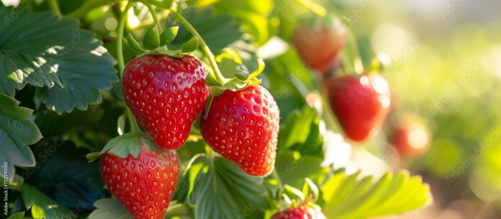 Delicious ripe strawberries hanging on the bush in the garden under the sunlight Delicious ripe strawberries hanging on the bush in the garden under the sunlight