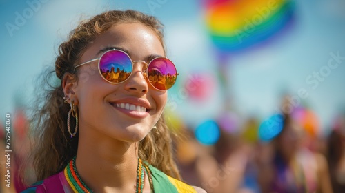 Young woman with heart-shaped sunglasses at a festive St. Patrick's Day event.