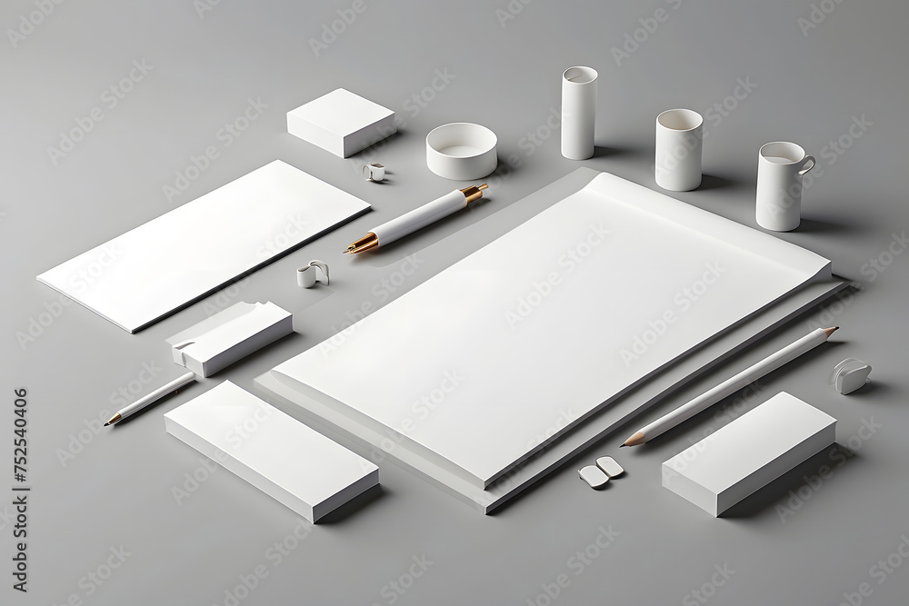 White stationery mock-up template for branding identity on a grey background for graphic designers' presentations and portfolios. 3D rendering - obrazy, fototapety, plakaty 