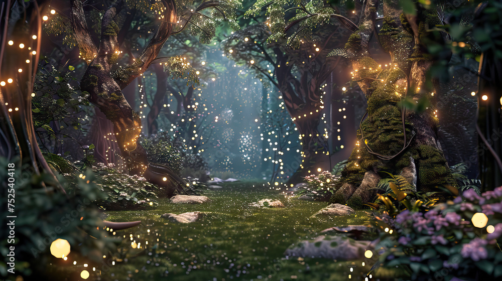 Enchanted Forest Stage: Mystical woodland with this stage, adorned with towering trees, moss-covered rocks, and sparkling fairy lights. Magical creatures and ethereal foliage storytelling and performa