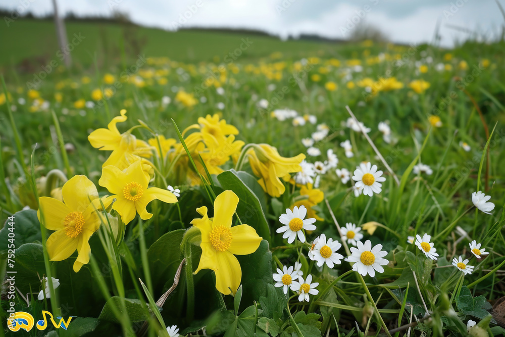 Fototapeta premium A field of yellow flowers and white flowers