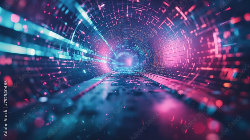 Cyfrowy tunel z neonowymi światłami. Światła tworzą wąską ścieżkę o intensywnym blasku, kierując wzrok w głąb tunelu. Cyfrowy tunel z neonowymi światłami. Światła tworzą wąską ścieżkę o intensywnym blasku, kierując wzrok w głąb tunelu.