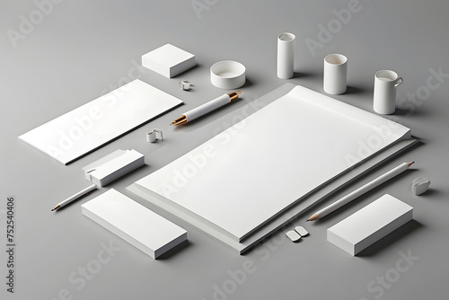 White stationery mock-up template for branding identity on a grey background for graphic designers' presentations and portfolios. 3D rendering photo