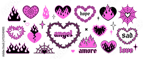 Perfect Gothic hearts in 2000s style. Pink Emo goth tattoo stickers flamed hearts on white background. Chain hearts and barbed wire hearts vector decor elements for print fabric and textile design