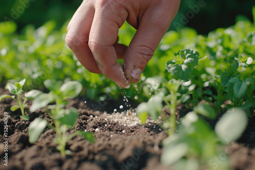 A person sprinkling seeds on a field of plants. Concept of care and nurturing, as the person is tending to the plants and ensuring their growth