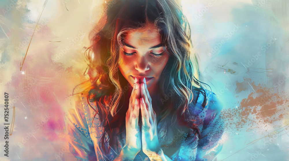 Spiritual themed digital artwork depicting a young woman praying with a vivid and emotional paint style