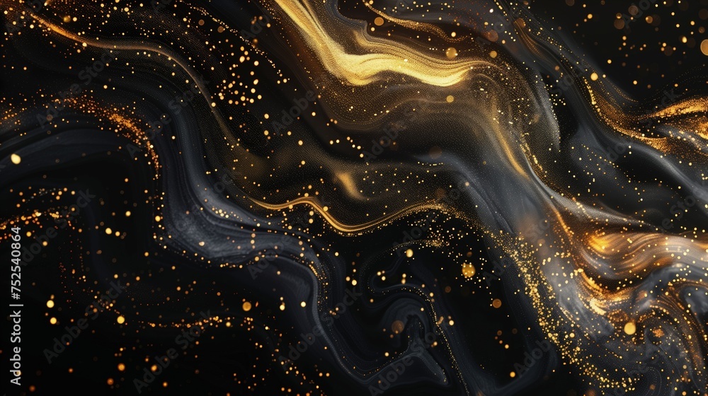 Naklejka premium Na czarnym tle widać złote i białe wiry, tworzące abstrakcyjne dzieło sztuki płynnej.