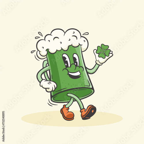 Beer Cartoon Groovy Mascot Retro Illustration. Vintage Alcohol Drink Glass Smiling, Walking with the Clover Shamrock Leaves in Hand. Rubber Hose Style. Saint Patrick Holiday Isolated