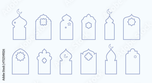 Islamic window frame shapes with boho star and moon elements illustrations collection. Arabian architecture geometric arch door silhouettes set. Ramadan Kareem mosque gates icons. Isolated