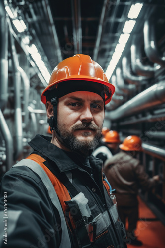 A man in a black jacket and orange vest is wearing a hard hat. He is taking a picture of himself