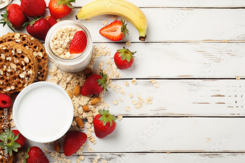 A bowl of oatmeal with strawberries and bananas on a wooden table. The bowl of oatmeal is next to a glass of milk