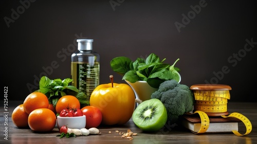 balanced diet, cooking, culinary and food concept - close up of vegetables, fruits and meat on wooden table. Healthy food and happy life concept