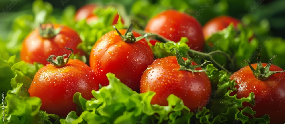Fresh ripe tomatoes covered in water droplets on a sunny day Fresh ripe tomatoes covered in water droplets on a sunny day