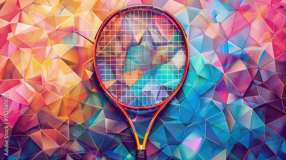 Na kolorowym tle mozaikowym leży rakietka tenisowa, która jest głównym przedmiotem zdjęcia. Tło jest bogate w różnorodne kolory i wzory geometryczne. - obrazy, fototapety, plakaty 