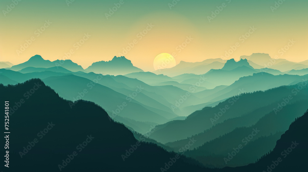 A mountain range with a sun in the sky. The sun is setting and the sky is a beautiful shade of blue. The mountains are lush and green, and the sun is casting a warm glow over the landscape