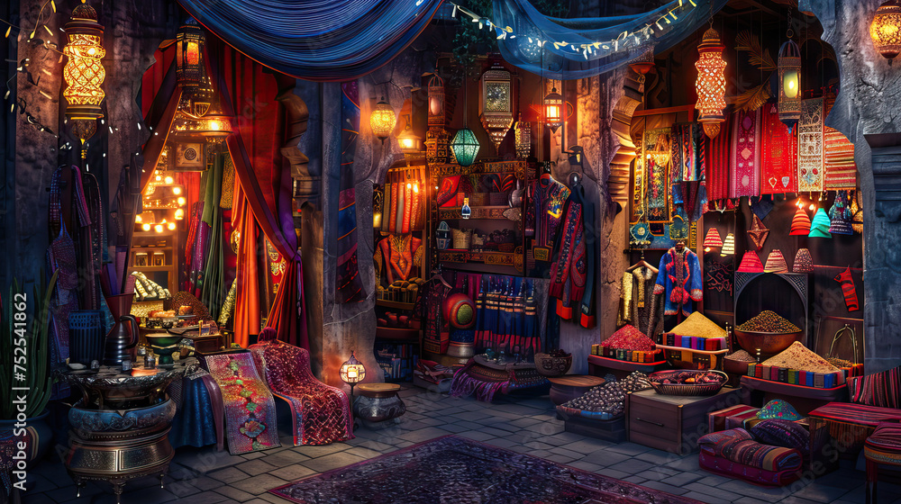 Arabian Nights Bazaar Stage: Bustling marketplace of the ancient East with this vibrant stage, filled with colorful textiles, exotic spices, and ornate lanterns, capturing the magic of Arabian Nights