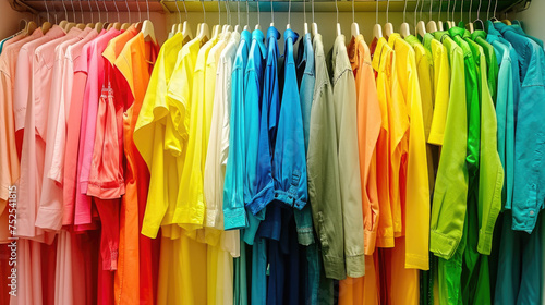 A rack of colorful clothes hanging in a store. The clothes are bright and vibrant, with a rainbow of colors. Scene is cheerful and lively, as the clothes seem to be inviting and fun to wear © vefimov