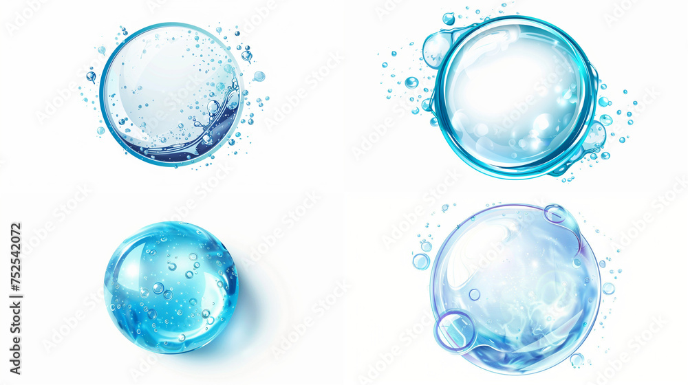 Set or collection of fresh water liquid bubble, transparent and blue, pure and purity concept. Isolated and separated on white background.  - obrazy, fototapety, plakaty 