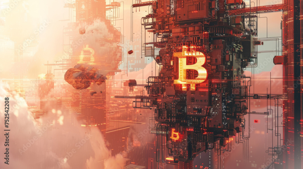This image portrays a conceptual future city based around Bitcoin with glowing structures and a hazy, atmospheric backdrop