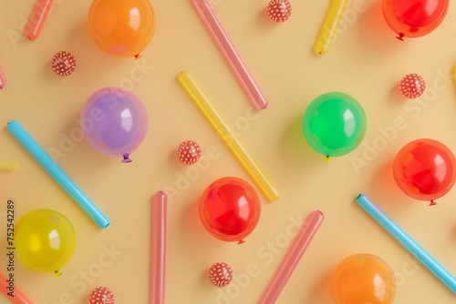 Pink, blue, yellow, green, purple, orange and red baloons with colorful drinking tubes on beige background. Party and unique concept. Flat lay. Top view