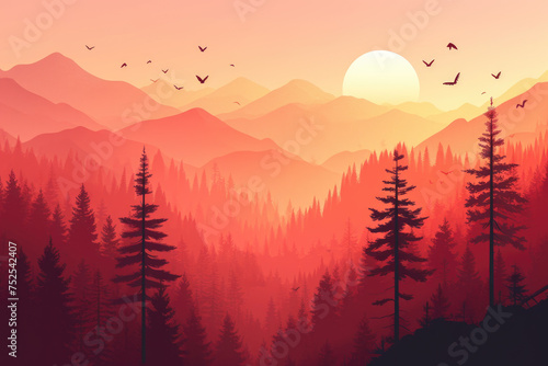 A mountain range with a red sun in the sky. The mountains are covered in trees and there are birds flying in the sky. The scene is peaceful and serene