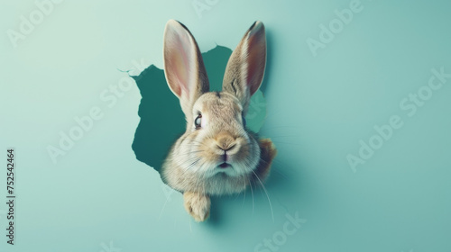 A curious bunny looks through a tear in blue paper, suggesting creativity and surprise elements © Daniel