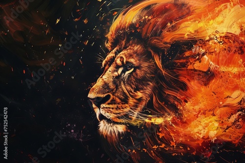 Fiery lion portrait A powerful and majestic representation of strength and courage © Bijac