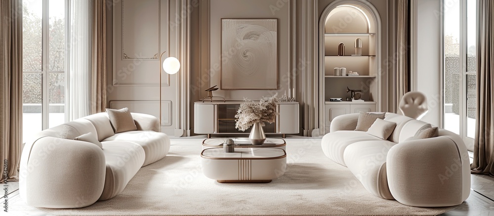 Home mockup. Living room with beige and white pastel tones with cinematic soft lighting, artisanal design