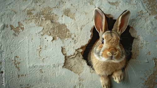 A rabbit peering through a large hole in a distressed, textured wall, depicting curiosity and exploration © Daniel