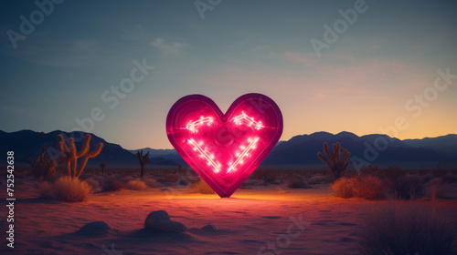 A large red-pink romantic neon heart in the middle of an abandoned desert during the evening, in the style of creative ideas for Valentine's Day. photo