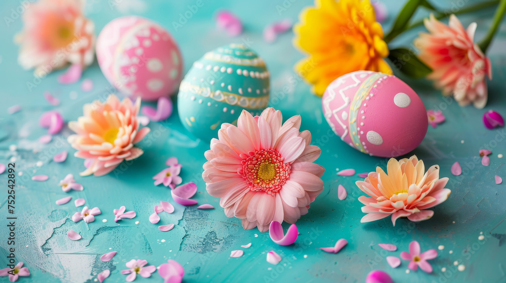 Soft-focus image of Easter eggs nestled among fresh spring flowers, symbolizing rebirth and new beginnings - obrazy, fototapety, plakaty 