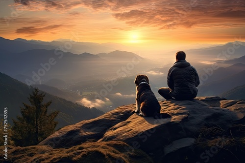 A Peaceful Sunrise  Man and Dog Overlooking Serene Mountain Lake