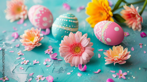 Soft-focus image of Easter eggs nestled among fresh spring flowers, symbolizing rebirth and new beginnings