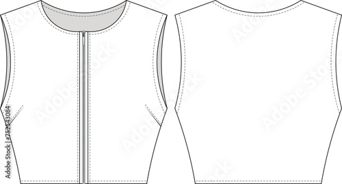 sleeveless darted zippered round neck crew neck cropped crop blouse top template technical drawing flat sketch cad mockup fashion woman design style model
 photo