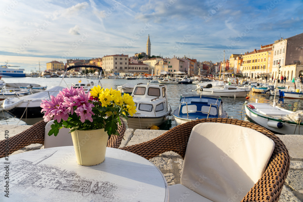 sitting at a table in harbor of Rovinj with colorful vivid flowers and skyline of the city