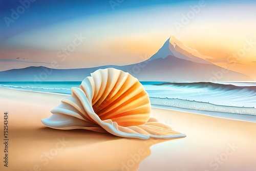 big seashell on sandy tropical beach, sea or ocean in the background, beautiful sea landscape, tropical paradise created with generative ai technology