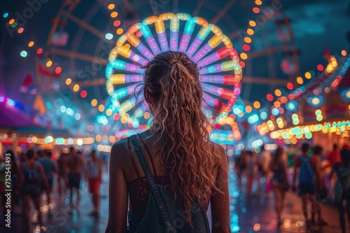 Magische Nacht: Junge Frau vor leuchtendem Riesenrad auf dem Rummelplatz photo